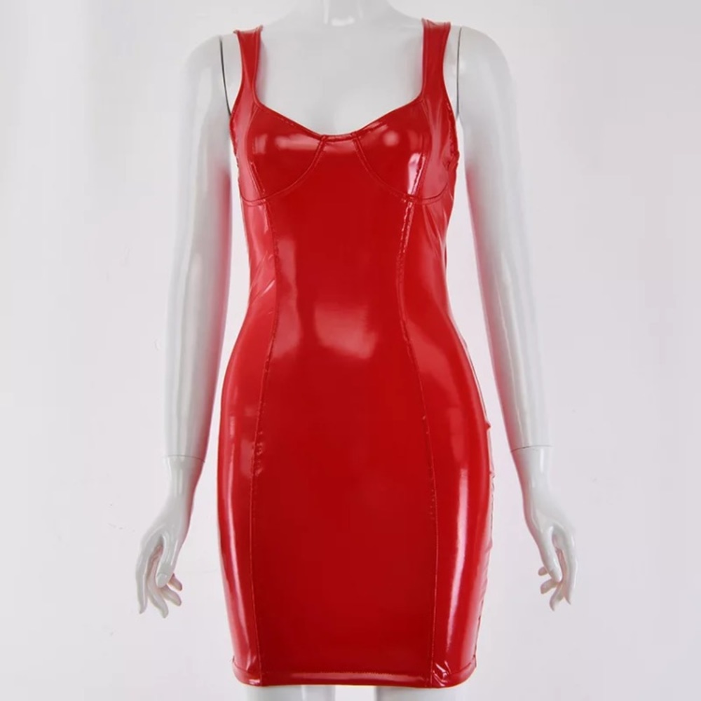 (Last 1) PU sleeveless bodycon dress in a hot red. - Picture 4 of 4